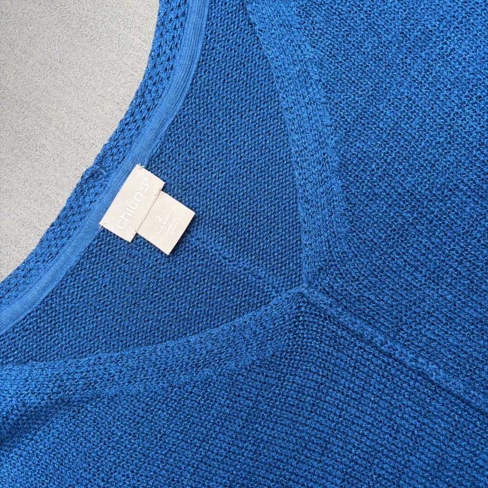 Chico's Sweater Womens Large Blue V Neck 3/4 Tab Sleeve Textured Relaxed Fit